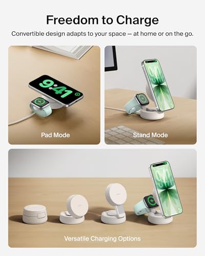 Belkin MagSafe Charger Compatible, 2-in-1 Wireless Charging Station, Qi2.2 25W Convertible Magnetic Charger for iPhone 17, Apple Watch Series 10, Google Pixel 10, and More (45W Adapter Included) - color: Sand, style: 2 in 1