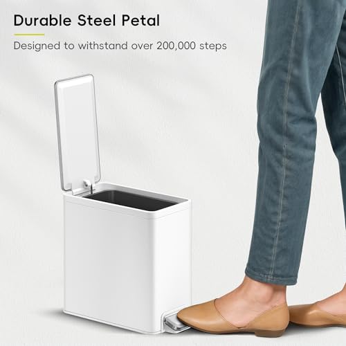 EKO Slim Small Bathroom Trash Can with Lid, Stainless Steel Small Garbage Can with Removable Inner Bucket, 6L / 1.6 Gal, Step On Trash Bin (White) - color: White, size: 6L