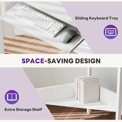 DUMOS Conner Desk Home Office Computer Desk for Small Space with LED Lights Gaming Table with Storage Shelves Power Outlets Monitor Stand Keyboard Tray for Bedroom, White
