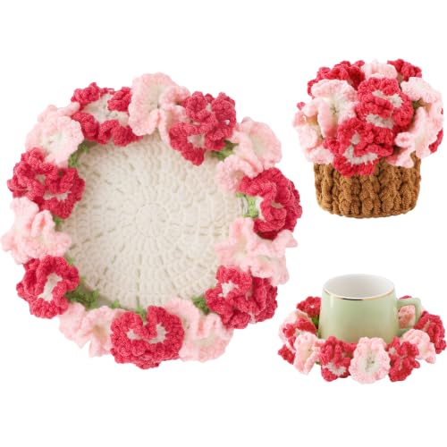 Flower Crochet Coasters, Handmade Bouquet Blanket Coaster with Crochet Plant Pot Fun Soft Decorative Drink Coasters for Coffee Tabletop Protection and Home Decor (Light Pink, 1Pc) - color: Light Pink, size: 1Pc