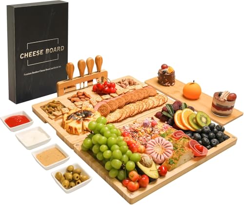 Charcuterie Board Set - Bamboo Cheese Board & Serving Tray with Stainless Steel Knives and Bowls, Housewarming Gifts New Home, Gift for Wedding Couple, Bridal Shower (NLB, 01) - size: 01