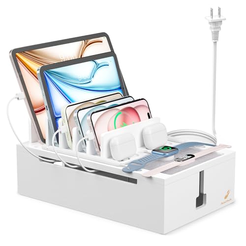 Pezin & Hulin Bamboo Charging Station for Multiple Devices, USB Charger Dock Organizer, with Power Supply (10 Ports HUB), 6 Cables, Cable Management Organizer for Cell Phones, Tablets -White - color: White, size: Dock+Charger+Cables