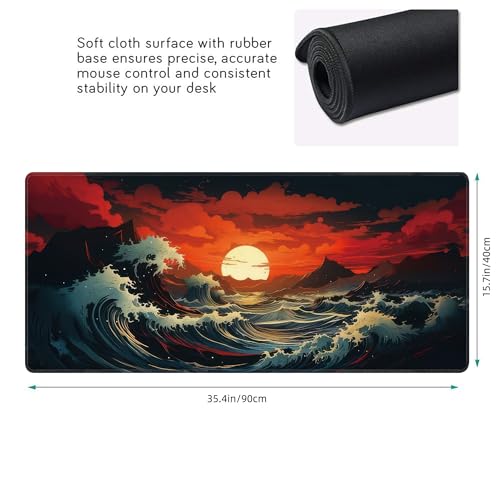 Japanese Sea Wave Large Mouse Pad,Gaming Keyboard Desk Pad,Extended Mouse Mat Non-Slip Rubber Base with Stitched Edges for Office Game Home XXL 35.4"x15.7" - color: Japanese Wave, size: 35.4L x 15.7W inches
