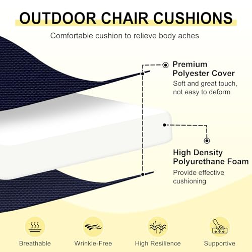 downluxe Outdoor Chair Cushions Set of 2 for Patio Furniture, Water-Resistant Patio Chair Cushions with Ties, High Density Foam Outdoor Seat Cushion, 17" X 16" X 2", Navy - color: Navy, size: 17x16x2 Inch (Pack of 2)