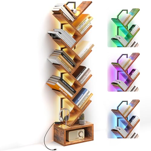 Casaottima Tree Bookshelf with LED Lights, 8-Tier Narrow Bookcase for Small Spaces, Tall Steel & Wood Storage Shelf with Cabinet, Home Decor & Organizer for Living Room/Bedroom/Home Office, Vintage - color: Vintage, size: 8 Tier