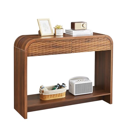 Curved Console Table Arch with Storage, Narrow Entryway Table with Drawers, 43.3'' Couch Table Behind Sofa Long and Skinny for Living Room TV, Hallway Entrance Foyer, Mid Century Farmhouse Rattan
