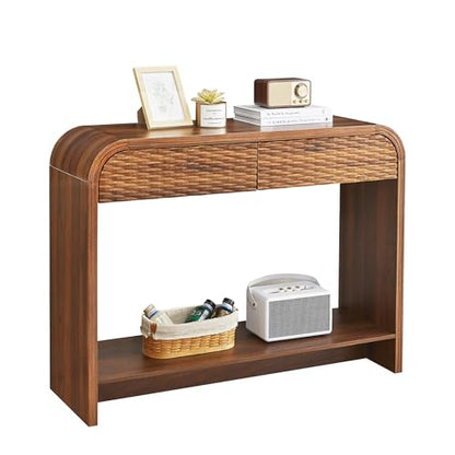 Curved Console Table Arch with Storage, Narrow Entryway Table with Drawers, 43.3'' Couch Table Behind Sofa Long and Skinny for Living Room TV, Hallway Entrance Foyer, Mid Century Farmhouse Rattan