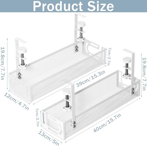 Cable Management, 2 Pack Cable Management Under Desk No Drill, Metal Cord Organizer with Clamp for Standing Desk, Cable Organizer for Home Office, White - color: White, size: 15.3''+15.7'' (2 Pack)