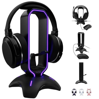 Tilted Nation Gaming Headset Stand | RGB Headphone Stand for Desk with Mouse Bungee and USB Hub (Cool and Clean Setup) Gaming Headset Holder - Perfect Gamer Gift Accessory - color: Black