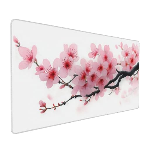 Large mouse pad, XXL gaming keyboard pad, Japanese Pink Sakura Design, Non-Slip Rubber Base, Stitched Edges suitable for gaming and office use, laptop computer table protection pad, 35.4 x 15.7 inches - color: Plum blossoms