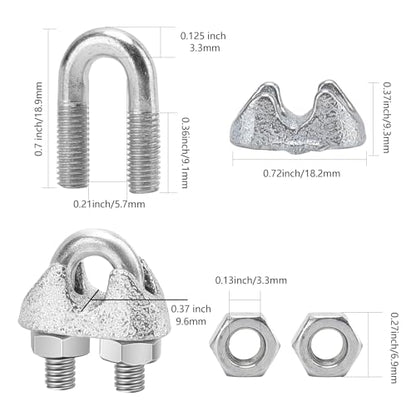 100 pcs 1/8" M3 Wire Rope Clip Cable Clamps Galvanized high Quality Steel Material, U-Bolt Saddle Fasteners - can be Used for Tent Ropes, Wire Ropes, Wire and Cable, clotheslines - size: M3 1/8" Inch