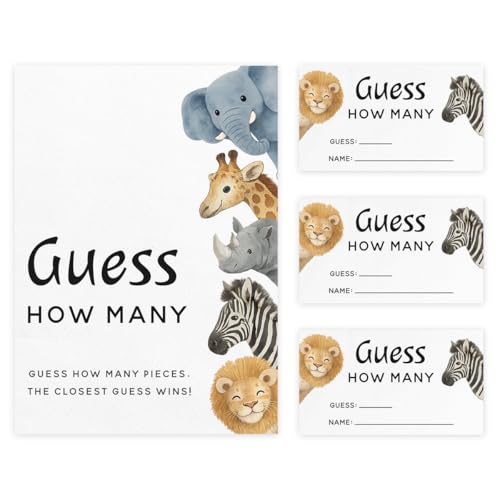 Printed Party Safari Baby Shower Guess How Many Game with Display Sign, Jungle Wild One Theme, Candy Jar Game Cards for Guests, 30 Cards & Sign - color: Jungle Safari