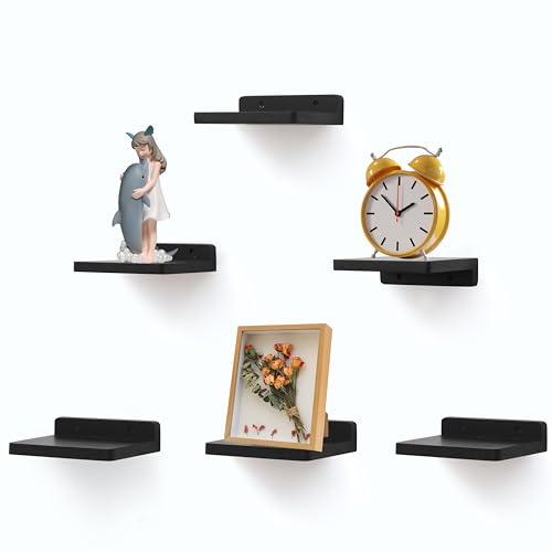 Small Floating Shelf, 5x6 Inch Display Ledges for Wall,Mini Shelves,Rustic Wood Shelf for Bedroom Living Room Bathroom Kitchen (6, Black) - color: Black, size: 5x6 Inch-6 Pcs