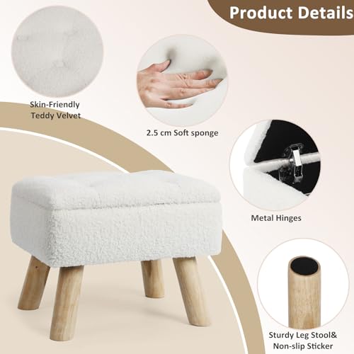 OGEMXU Storage Ottoman, Small Foot Stool Ottoman with Storage, Boucle Teddy Velvet Foot Rest with Padded Seat, Sturdy Wood Legs Stool for Living Room, Bedroom, Couch, Enterway (Cream) - color: Cream