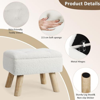 OGEMXU Storage Ottoman, Small Foot Stool Ottoman with Storage, Boucle Teddy Velvet Foot Rest with Padded Seat, Sturdy Wood Legs Stool for Living Room, Bedroom, Couch, Enterway (Cream) - color: Cream