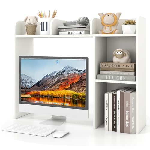 Giantex Desktop Bookshelf, Wood Desk Hutch Organizer for 27 Inch Computer Monitor, Countertop Storage Display Rack with 5 Shelves, Multipurpose Desktop Shelf Bookcase for Dorm Office Home, White - color: White, size: 5 Shelves (29"H)