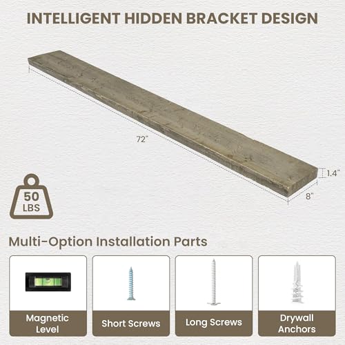 Acovy 72" Unfinished Solid Reclaimed Wood Floating Shelves, Rustic Heavy-Duty Wall Shelves, 8" Deep Floating Shelf for Living Room, Bathroom, Bedroom and Kitchen, Set of 1, Grey - color: Cement Grey, size: 72inches-1P