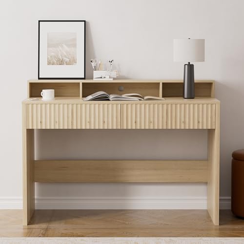 47" Executive Desk with Fluted Drawer, Modern Home Office Desk with Long Monitor Stand and 2 Drawers, Computer Writing Desk for Study Office Vanity, Light Oak - color: Light Oak, size: 46.6"W x 14.7"D x 34.3"H