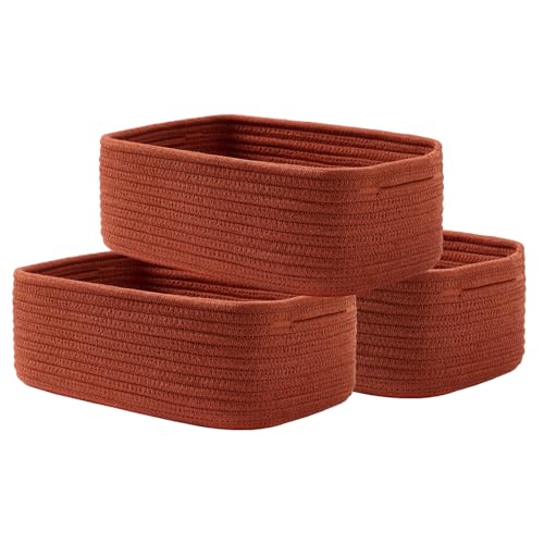 Small Woven Basket, 12 x 8 x 4.5 Inches, Storage Basket for Organizing, Cute Small Rope Shelf Closet Cube Storage Bins Baskets for Shelves, Dog Toy Gift Baskets Empty, 3 Pack Rust Red - color: Rust Red, size: 12"L x 8"W x 4.5"H