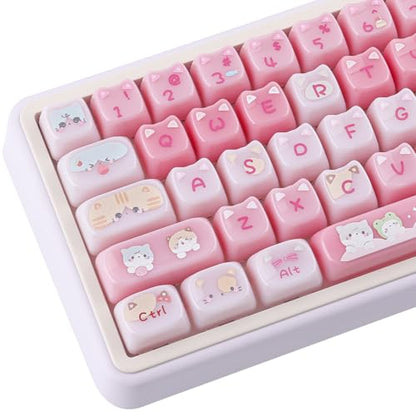 Ceramic Jade Cat Keycaps, 142 Keys Translucent Pink Meow Meow Cute Keycaps Mao Profile Custom Keycap with Keycap Storage Box for Cherry Gateron MX Swithes Mechanical Keyboards - color: Meow Meow Pudding