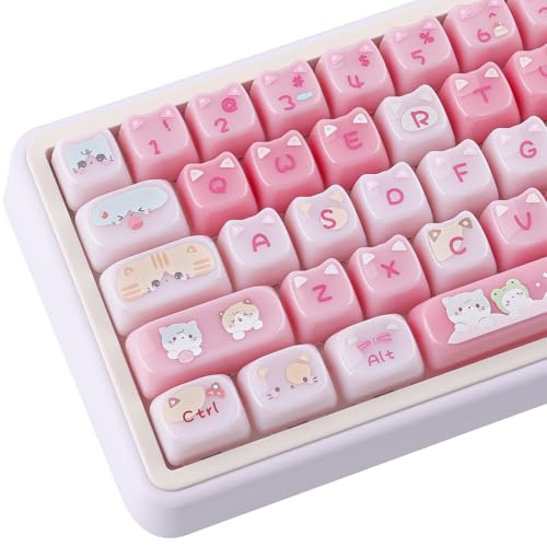 Ceramic Jade Cat Keycaps, 142 Keys Translucent Pink Meow Meow Cute Keycaps Mao Profile Custom Keycap with Keycap Storage Box for Cherry Gateron MX Swithes Mechanical Keyboards - color: Meow Meow Pudding