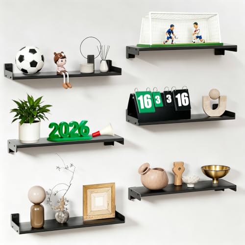 Floating Shelves for Wall, Shelves for Decor Storage Set of 6, Wall Mounted Wood Shelf for Bedroom, Living Room, Bathroom, Kitchen,Long Picture Ledge Shelves.(Black) - color: Black