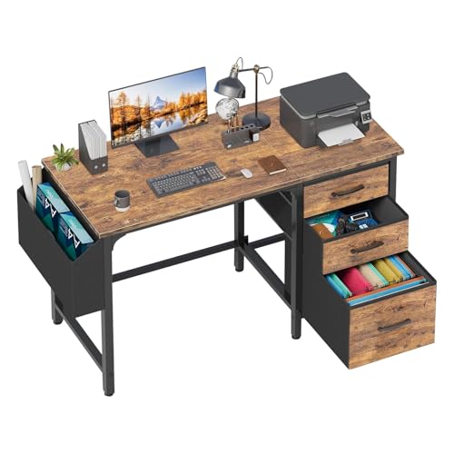 Lufeiya Computer Desk with File Drawers Cabinet, 47 Inch Reversible Home Office Desks with Fabric Filing Cabinet for Small Space, Study Writing Table PC Desks, Rustic Brown - color: Rustic Brown, size: 46.6"