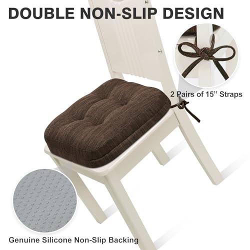 Shinnwa Dining Chair Cushions Set of 2, Dual-Layer Memory Foam Kitchen Chair Cushions, Patented Design Seat Pads with Ties, 16.5 x 16.5 x 3.5in, 4 Pack, Dark Brown - color: Dark Brown, size: 4 Count (Pack of 1)