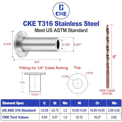 CKE 200 Pack T316 Stainless Steel Protector Sleeves for 1/8" Wire Rope Cable Railing, Marine Grade Protective Sleeves Deck Cable Railing Kit for Wood Posts DIY Balustrade, CR01