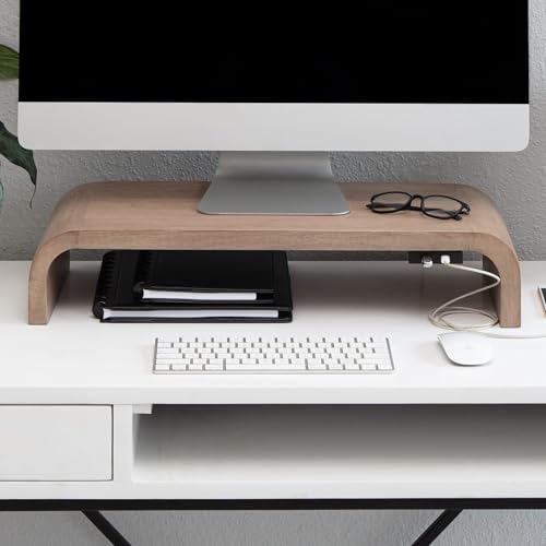 Anji Mountain Wood Monitor Stand Riser Desk Desktop Organizer Table for Home, Office Workspace, Laptop Riser, Ergonomic Design Stand for Gaming Setup, with Power Source, Biscotti - color: Biscotti, size: Basic Stand With USB Ports