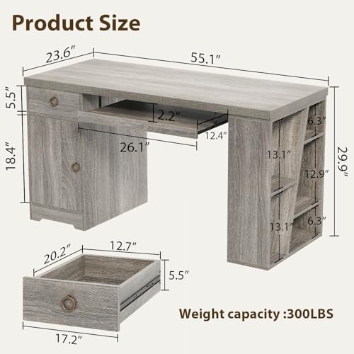 HSH 55" Office Computer Desk with Drawers, Farmhouse Grey Executive Desk with Storage Shelves and Cabinet, Modern Wooden Computer Table Teacher Desks with Keyboard Tray for Home Writing Work Study - color: Light Grey Oak