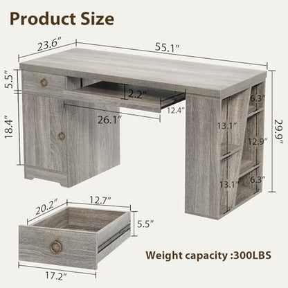 HSH 55" Office Computer Desk with Drawers, Farmhouse Grey Executive Desk with Storage Shelves and Cabinet, Modern Wooden Computer Table Teacher Desks with Keyboard Tray for Home Writing Work Study - color: Light Grey Oak