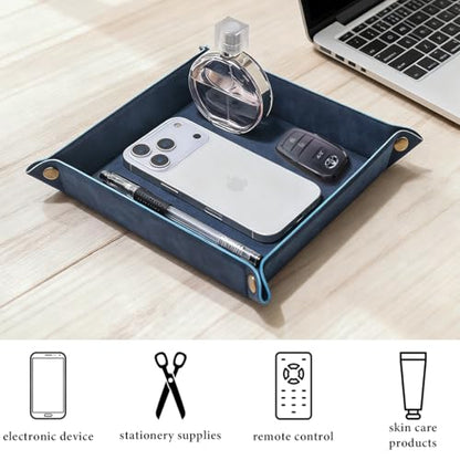 Valet Tray Desktop Storage Organizer – Premium PU Leather Catchall Bedside Vanity Tray Nightstand Caddy Holder for Remote Controller, Keys, Phone, Wallet, Coin, Jewelry,Blue - color: Blue