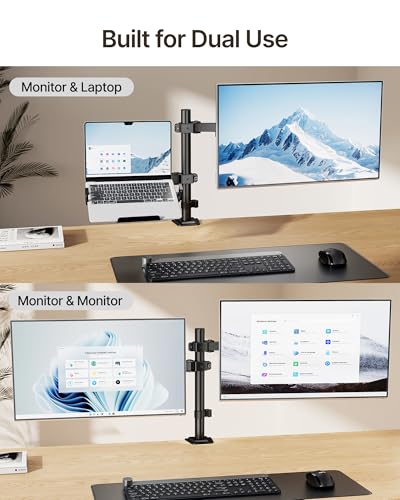 monTEK 2-in-1 Monitor Mount and Laptop Stand for Desk, Ergonomic Height Adjustable Monitor Arm Fits up to 32-Inch Screen and 17-Inch Notebook, Holds up to 22 lbs, C-Clamp and Grommet