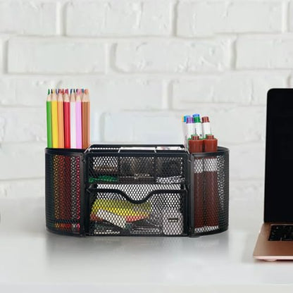 Comix Mesh Pen Pencil Holder Desk Organizer, 8 Compartment and 1 Drawer Wire Desktop Pen Pencil Cup Caddy Office Supplies Accessories for Home Office School, Black - color: 8 Compartments