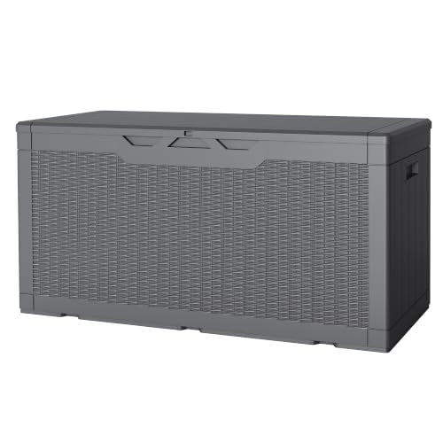 JUMMICO 100 Gallon Resin Deck Box, Waterproof Outdoor Storage Box with Lockable Lid for Garden Tools, Patio Cushions (Gray) - color: Gray, size: 100 gallon