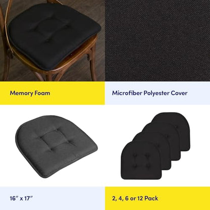 Sweet Home Collection Chair Cushion Memory Foam Pads Tufted Slip Non Skid Rubber Back U-Shaped 17" x 16" Seat Cover, 4 Count (Pack of 1), Black - color: Black, size: 4 Pack, style: Foam Pads