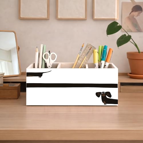 Dachshund Dog Wooden Desk Organizer 3 Compartments | Cute sausage dog design; 3-compartment wooden holder for pens, pencils, and office supplies, great dog lover gift. - color: Dachshund Dog