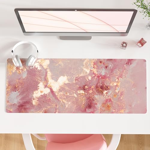 QIYI Large Mouse Pad, Cute Pink Desk Mat for Desktop, Women Girls PU Leather Waterproof Gaming, Rose Gold Marble Computer PC Laptop Protector Writing Pads for School Office Home 31.5" x 11.8" - color: Pink Gold Marble, size: 31.5" x 11.8"