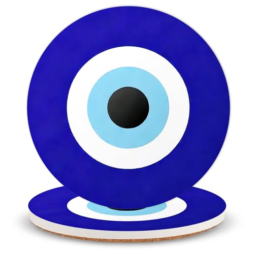 Evil Eye Ceramic Coasters of 2 with Cork Backing Absorbent Cup Coaster | Non-Slip Coasters for Drinks and Coffee Table Office Desk Home Decor, Gifts for Evil Eye Lovers, Mom, Blue Decor Fans - color: Blue Eye