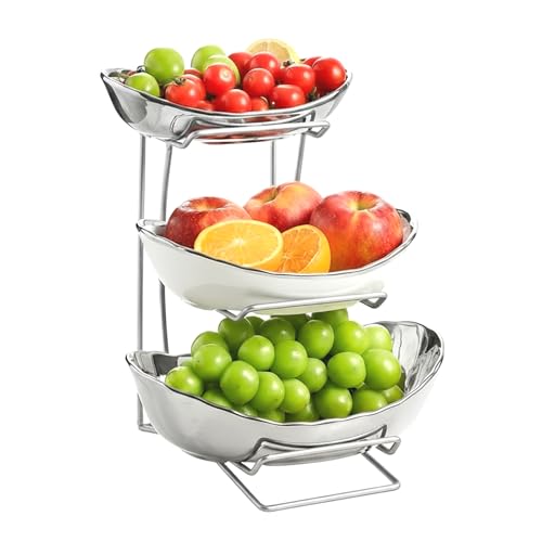 Gold Silver Fruit Bowl with Metal Stand, 3 Tier Ceramic White Fruit Bowl Fruit Rack for Kitchen Counter, Tiered Fruit Basket for Snacks Bread Candy Storage (Silver (Smooth Surface)) - color: Silver (Smooth Surface)