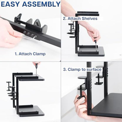 VIVO Clamp-on 16 inch Flexible 2-Tier Shelving Unit for Table Accessories, Gaming Devices, and More, 4 Configuration Options, Desktop Organizer, Black, DESK-SHELF2CS