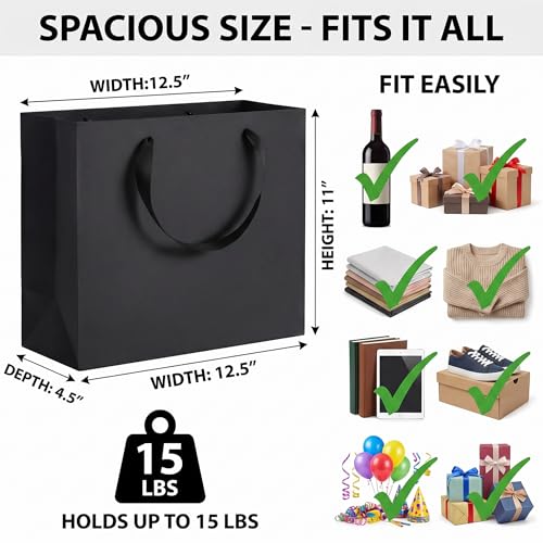 GEGIBOA Black Gift Bags With Handles 6 Pcs, 12.5x4.5x11 Inch Sturdy Kraft Paper Gift Bags, Bulk for Fathers Day, Wedding, Party, Birthday, Business and Shopping, Valentine's Day, Large Size - size: Black-L-6pcs
