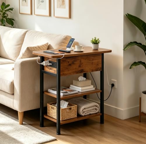WLIVE End Table with Charging Station, Flip Top Narrow Side Table with Storage Shelf, Small Nightstand with USB Ports and Outlets,Bedside Table for Living Room, Bedroom,11.81" D x 23.62" W x 24.33" H - color: Rustic Brown