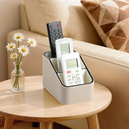 PU Leather Remote Control Holder, Small Desk Organizer Office Supply Bedside Caddy for Nightstand End Table Couch, Pen Remote Organizer with 3 Compartments (Beige) - color: Beige
