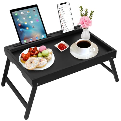 Bed Tray Table with Handles Folding Legs,Bamboo Breakfast Food Tray with Media Slot,Use As Platter,Laptop Desk,Snack,TV Tray Kitchen Serving Tray Black Large - color: Black, size: Large