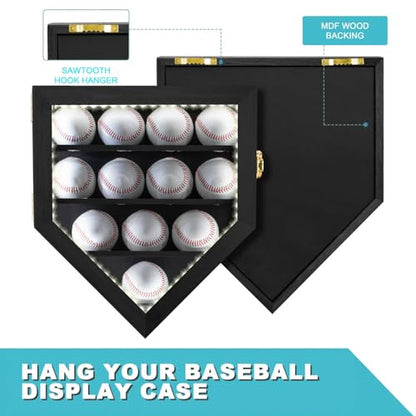 GYaozii LED Baseball Display Case 12 Balls UV Protection Wood Frame | LED Baseball Holder Shadow Box for HD Acrylic Front Wooden Frame for Collecting Autographed Balls Exquisite Souvenirs - size: 12 Baseballs Display Case with Light