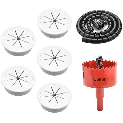 Surf turtle 5 Pack 2 Inch White Desk Grommets, Flexible Cable Cord Hole Cover with Bi-Metal Hole Saw Kit, 2m Cable Sleeve and Coiled Cord Wrap for Desk Wire Management - color: White - M Set, size: 50mm