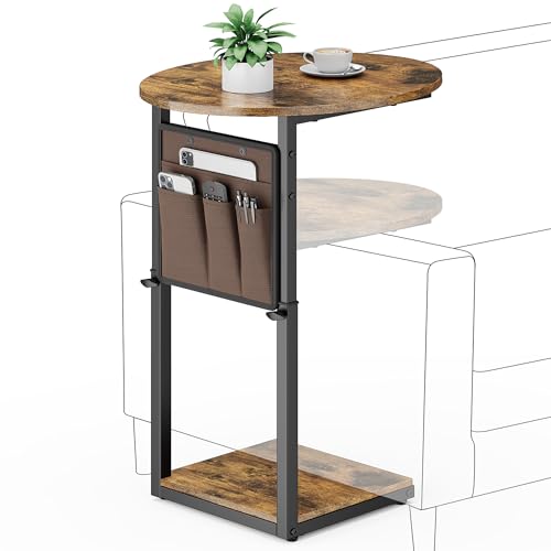 Vagusicc C Shaped End Table, Adjustable Height Small Side Table for Couch, 32" Tall Couch Side Table Slide Under Sofa Table TV Tray with Storage Bag for Living Room and Bedroom, Brown - color: Rustic Brown, style: Ordinary