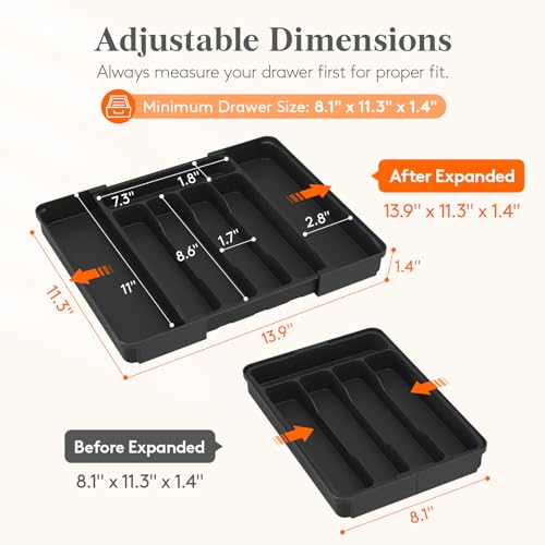 Lifewit Silverware Organizer for Drawer, Expandable Utensil Tray, BPA-Free Adjustable Cutlery Holder for Kitchen Storage, 8.1-13.9 x 11.3, Black - color: Black, size: Medium Slim(8.1-13.9''W x 11.3''D)